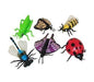 A set of six colorful toy finger bugs arranged in a semi-circle. From left to right: a green grasshopper, an orange and black monarch butterfly, a yellow and black bee, a red ladybug with black spots, a purple and black butterfly, and a blue and black dragonfly with white wings.