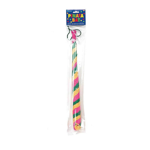 Colorful piñata bat in retail packaging, featuring diagonal stripes in pink, yellow, green, and white. The packaging includes a blue label at the top with the words 'Piñata Bat' in bright, festive lettering, and a small blindfold attached.