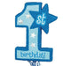 Blue and light blue piñata shaped like the number 1 with a star attached to the upper right, featuring the text '1st birthday' in white and light blue letters. Decorated with white stars and fringe streamers hanging from the bottom.