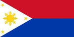 Flag of the Philippines with a white triangle on the left containing a yellow sun and three stars, a red upper stripe, and a blue lower stripe.