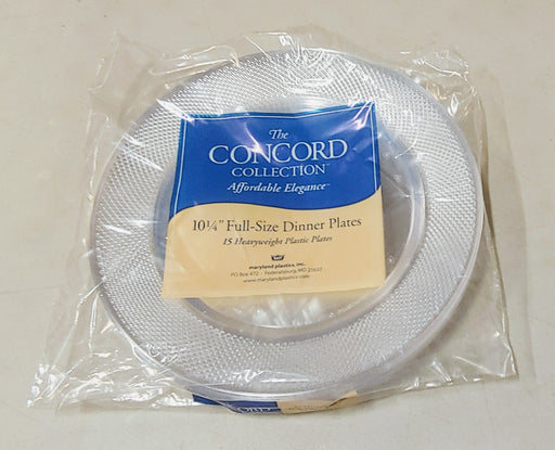 Pack of disposable plastic dinner plates labeled 'The Concord Collection.' The package contains 15 round, clear textured plates measuring 10.25 inches in diameter. The plates are stacked and enclosed in clear plastic wrapping with a blue and beige label indicating the collection name and plate details.