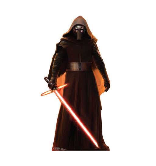 Cutout standee of Kylo Ren from Star Wars, wearing a black hooded robe and mask, holding a red crossguard lightsaber.