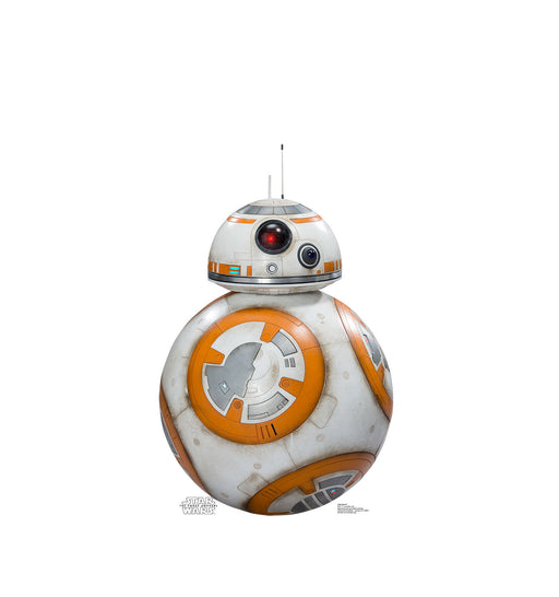 Cutout standee of BB-8 from Star Wars, featuring a white spherical body with orange and silver panels, and a smaller dome-shaped head with antennas.