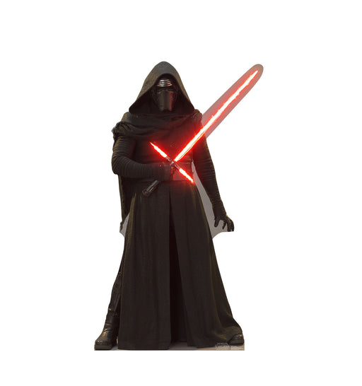 Cutout standee of Kylo Ren from Star Wars, wearing a black hooded robe and mask, holding a red crossguard lightsaber in front of him.