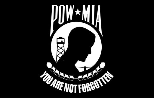 POW MIA flag featuring a silhouette of a man's head bowed in front of a guard tower and barbed wire, with the words "POW * MIA" above and "You Are Not Forgotten" below in white on a black background.