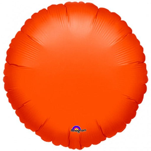 Round orange foil balloon with a smooth, glossy finish, tied at the bottom with matching ribbon.