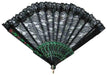 Decorative hand fan with a green and black base, featuring a black lace top with floral patterns and a scalloped edge trim. The ribs of the fan are detailed with green accents and red and green floral designs near the hinge.