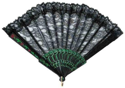Decorative hand fan with a green and black base, featuring a black lace top with floral patterns and a scalloped edge trim. The ribs of the fan are detailed with green accents and red and green floral designs near the hinge.