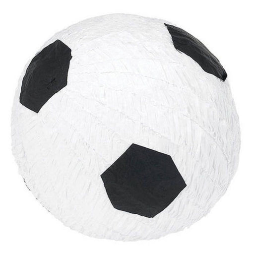 Soccer ball-shaped piñata featuring a classic black and white design with layered tissue paper texture, designed for party games and celebrations.