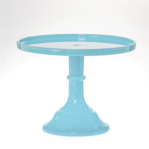 Light blue cake stand with a glossy finish, featuring a round flat top and a sturdy pedestal base.