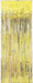 Metallic gold fringe curtain with long, vertical shimmering strands. Perfect for creating party backdrops, photo booth entrances, or festive doorway decorations.