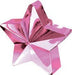 Shiny pink foil star-shaped balloon weight with a metallic finish and a small loop at the top for securing balloons. Ideal for parties, celebrations, and decorative displays.