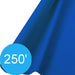 Blue plastic table cover roll partially unrolled with a smooth finish, featuring a circular label that reads '250′' in white text, displayed on a white background.