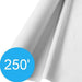 White plastic table cover roll partially unrolled, with a blue circle indicating '250′' length for extended table coverage.