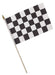 Checkered racing flag featuring a black and white square pattern on a rectangular fabric flag. The flag is attached to a wooden stick with a gold-colored pointed finial at the top, commonly used for racing events or themed parties.
