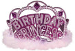 Pink and purple plastic tiara with the words 'BIRTHDAY PRINCESS' prominently displayed in glittery lettering across the front. Decorated with jewel-like accents and topped with a fluffy white marabou feather trim at the base, perfect for birthday celebrations.