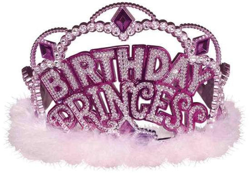 Pink and purple plastic tiara with the words 'BIRTHDAY PRINCESS' prominently displayed in glittery lettering across the front. Decorated with jewel-like accents and topped with a fluffy white marabou feather trim at the base, perfect for birthday celebrations.