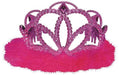 Pink plastic princess tiara adorned with faceted heart and diamond-shaped accents. The base is lined with bright pink fluffy marabou feathers, adding a soft and glamorous touch for dress-up or party wear.