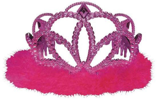 Pink plastic princess tiara adorned with faceted heart and diamond-shaped accents. The base is lined with bright pink fluffy marabou feathers, adding a soft and glamorous touch for dress-up or party wear.