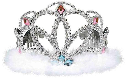 Silver plastic princess tiara adorned with pink and blue gem-like accents, featuring heart-shaped designs and sparkling rhinestones. The base is lined with fluffy white marabou feathers, giving it a soft and elegant touch.