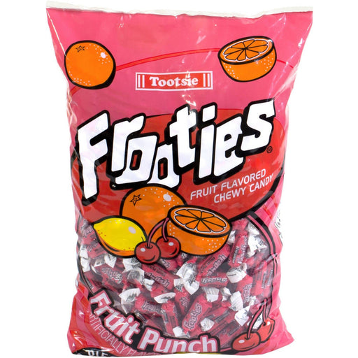 Large bag of Tootsie Frooties Fruit Punch chewy candy with vibrant red packaging, featuring illustrations of oranges, cherries, and a lemon – bold white Frooties logo and a clear window displaying red and white twist-wrapped candies – labeled 'Fruit Punch' and ideal for parties, candy buffets, and bulk treats.