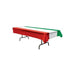 Mexican flag-inspired tablecloth featuring horizontal stripes of green, white, and red draped over a rectangular table.