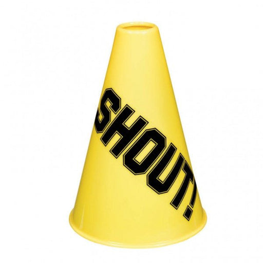 Yellow plastic cheerleading megaphone with the word 'SHOUT!' printed in large, bold black letters diagonally across the front. Ideal for spirit events, sports games, or pep rallies.