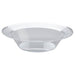 Clear round plastic bowl with a wide, flared rim and a shallow interior. The outer rim features a textured, diamond-like pattern, while the rest of the bowl is smooth and transparent. The bowl has a gently sloped profile and a flat circular base.
