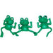Three green plastic frog finger puppets with wide, cartoonish eyes and playful expressions. Each frog has raised arms, bent legs, and a long tail-like leg extended to the side, giving them a lively, animated appearance. The hollow base allows them to fit securely on a finger for interactive play.
