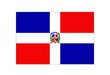 Dominican Republic flag with a centered white cross dividing the flag into four rectangles—two blue on the top left and bottom right, and two red on the top right and bottom left—with the national coat of arms in the center.
