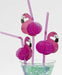 A set of pink flamingo straws featuring decorative paper flamingos attached to light purple plastic straws. The flamingos have accordion-style, honeycomb bodies that expand for a three-dimensional effect, with illustrated heads and wings. These playful straws are perfect for tropical-themed parties, drinks, and festive events.