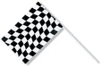 Small black and white checkered race flag on a white plastic stick, commonly used for racing events. The flag features alternating black and white squares in a wave pattern to simulate motion.
