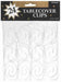 Package of 24 clear plastic tablecover clips from Amscan, featuring a decorative swirl design and packaged in a transparent hanging bag with a black and gold header card.