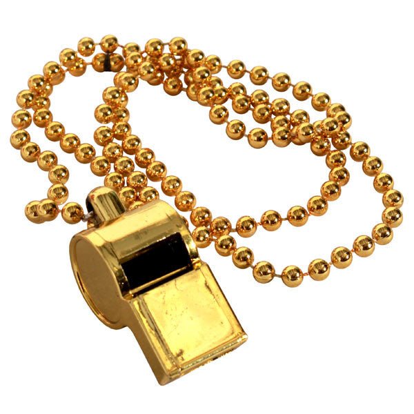 Shiny gold whistle attached to a matching gold metallic bead chain necklace, often used as a party favor or costume accessory.