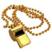 Shiny gold whistle attached to a matching gold metallic bead chain necklace, often used as a party favor or costume accessory.