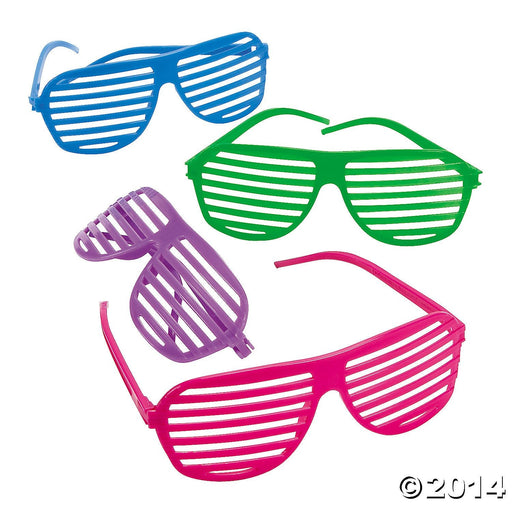 Four pairs of shutter-style sunglasses in blue, green, purple, and pink, arranged on a white background with a © 2014 mark.