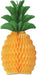 Honeycomb paper decoration shaped like a pineapple with a yellow body and green leaves.