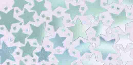 Pattern of pastel green and white stars on a shimmery, iridescent background. The stars are in various sizes, some solid and others outlined, creating a layered, holographic effect.