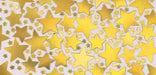 Pattern of gold and yellow stars in various sizes scattered over a white background. Some stars are solid, while others are outlined or filled with glitter-like texture, creating a vibrant and festive appearance.
