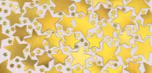 Pattern of gold and yellow stars in various sizes scattered over a white background. Some stars are solid, while others are outlined or filled with glitter-like texture, creating a vibrant and festive appearance.