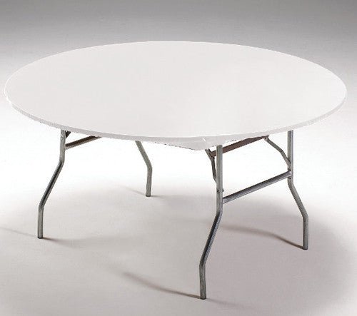 Circular stay-put tablecloth in white, securely fitted over a folding banquet table with metal legs, designed to prevent slipping during events or gatherings.