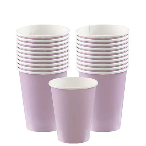 Stack of light purple paper cups with white rims, arranged in two tall stacks and one single cup in front.