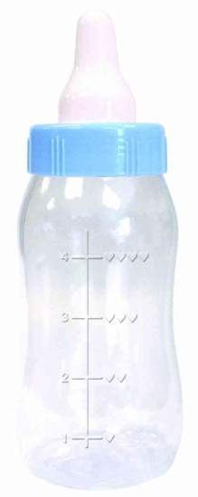 Clear plastic baby bottle with measurement markings on the side, a blue screw-on cap, and a soft pink rubber nipple. Commonly used for baby shower games or as a party decoration.