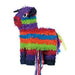A colorful donkey piñata with horizontal stripes in purple, red, green, orange, and blue, featuring a fierce eye expression and ribbon streamers hanging from the bottom.