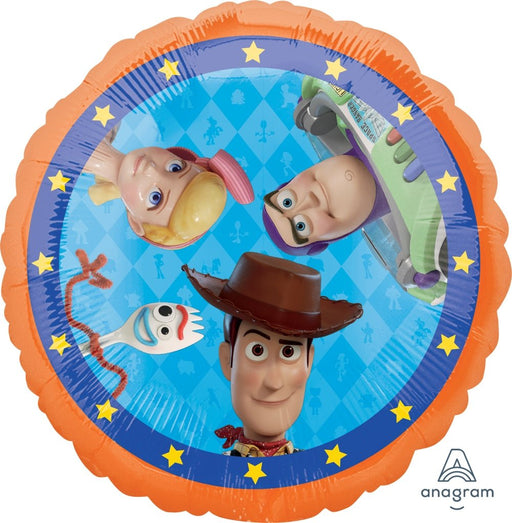 Round Toy Story-themed foil balloon featuring Woody, Buzz Lightyear, Bo Peep, and Forky on a blue diamond-patterned background. The balloon has an orange border decorated with yellow stars.