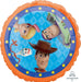Round Toy Story-themed foil balloon featuring Woody, Buzz Lightyear, Bo Peep, and Forky on a blue diamond-patterned background. The balloon has an orange border decorated with yellow stars.