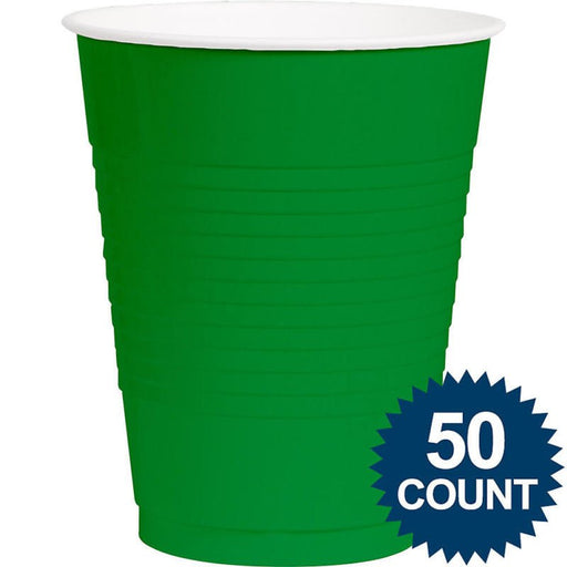 A green plastic party cup with a white interior, labeled '50 count' in a blue badge.