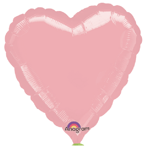 Pastel pink heart-shaped foil balloon with crimped edges, tied with a curly white ribbon and displaying the Anagram logo near the bottom center.