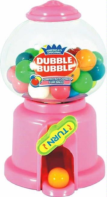 Pink Dubble Bubble gumball machine with clear globe filled with glossy gumballs in red, orange, yellow, green, blue, white, and pink – features a bold 'Dubble Bubble' logo, yellow and green 'TURN' handle, and a front dispensing slot with a visible orange gumball – perfect for parties, candy buffets, or nostalgic decor.