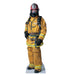 Cardboard cutout of a firefighter in full gear. The person is wearing a yellow fire-resistant suit with reflective yellow stripes, a red helmet with a badge, black gloves, and a breathing apparatus with a face mask and oxygen tank.